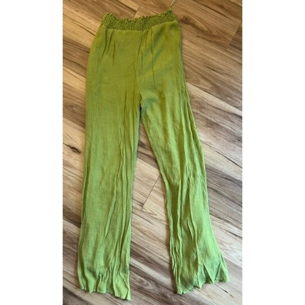 Fashion Nova Med Lime Green Smocked Waist Crinkle Pants Boho Festival Y2K